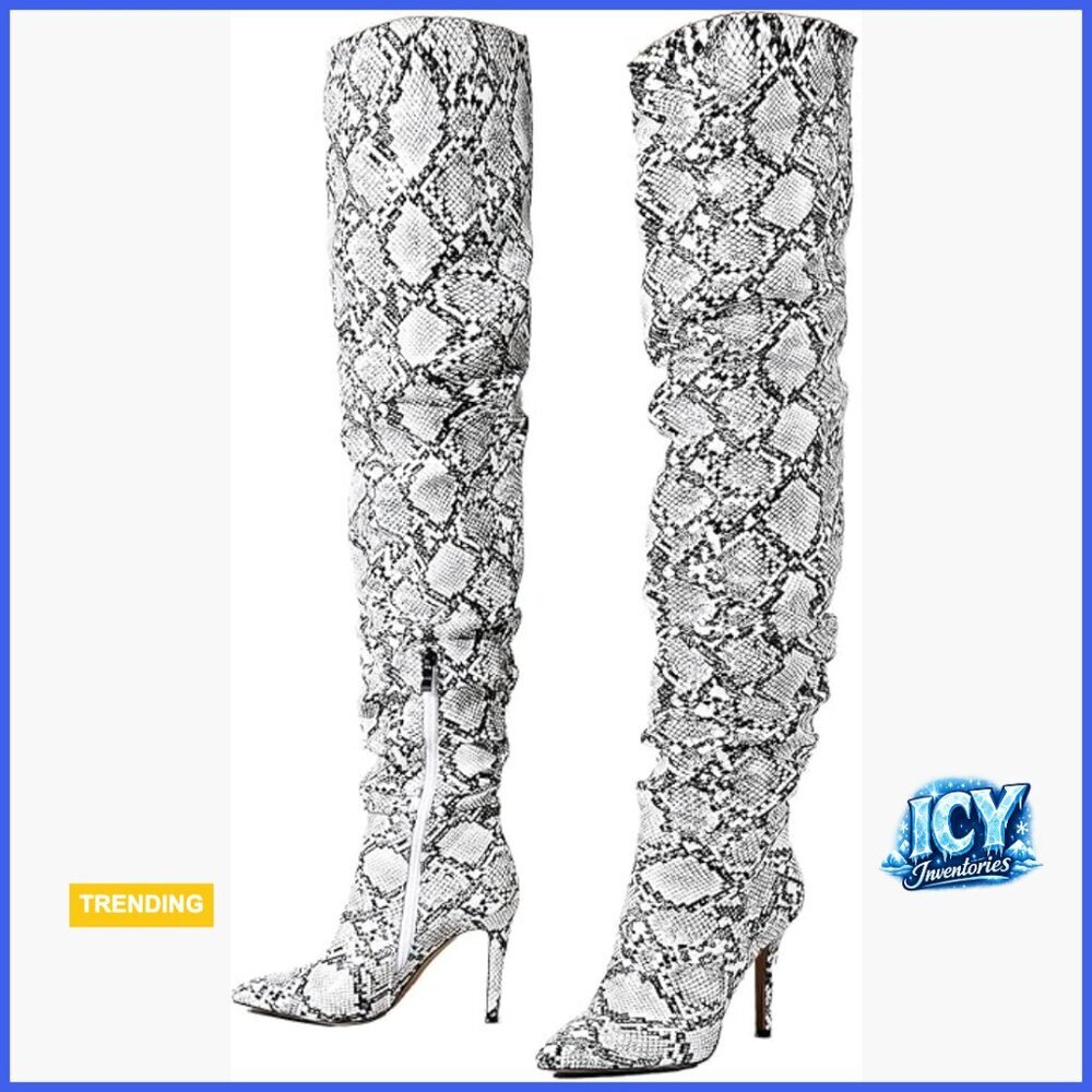 Snakeskin PU Over-the-Knee Boots with Stiletto Heel and Pointed Toe